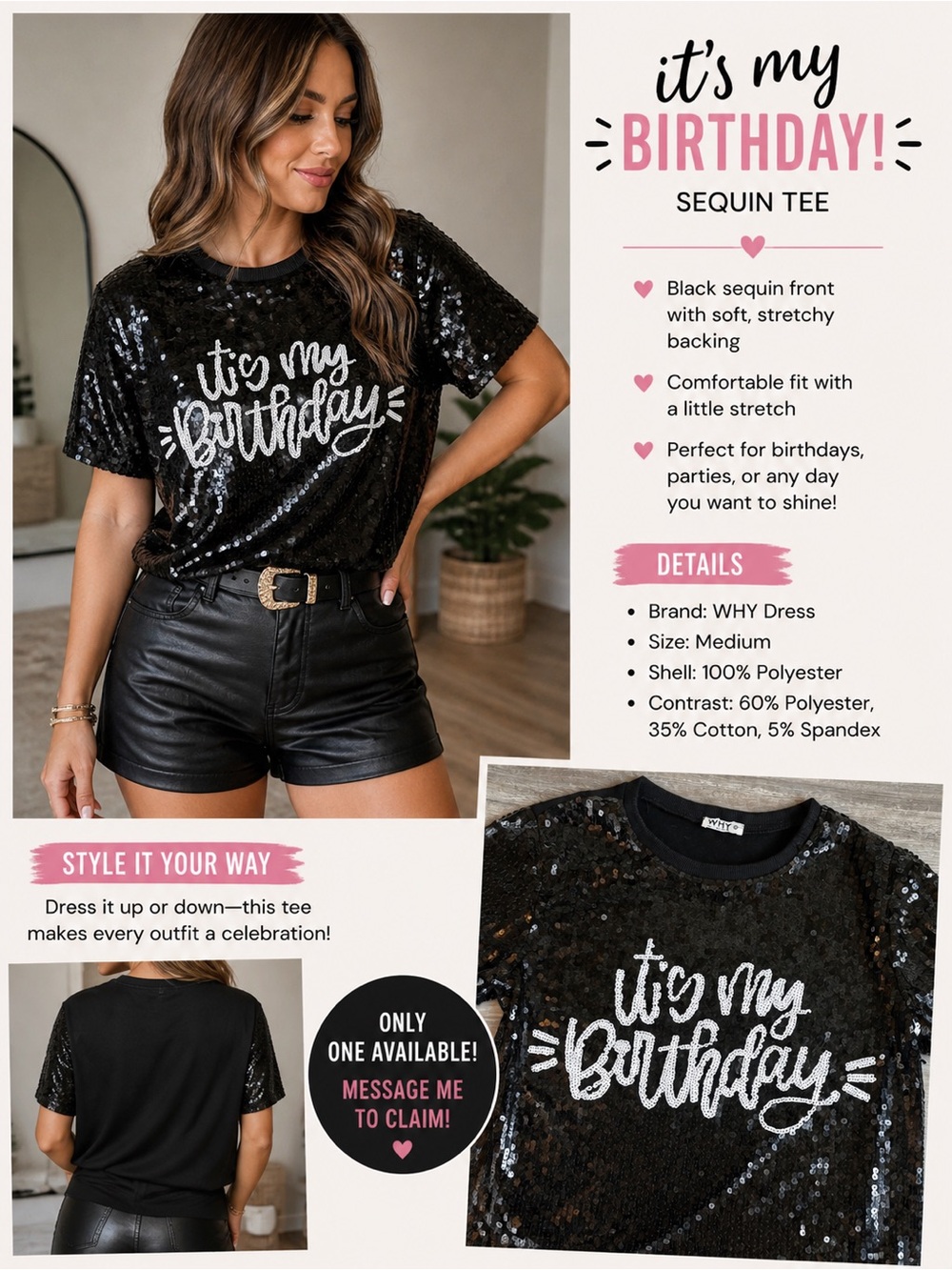 Black Sequin "It's My Birthday" Tee - Picture 9 of 9
